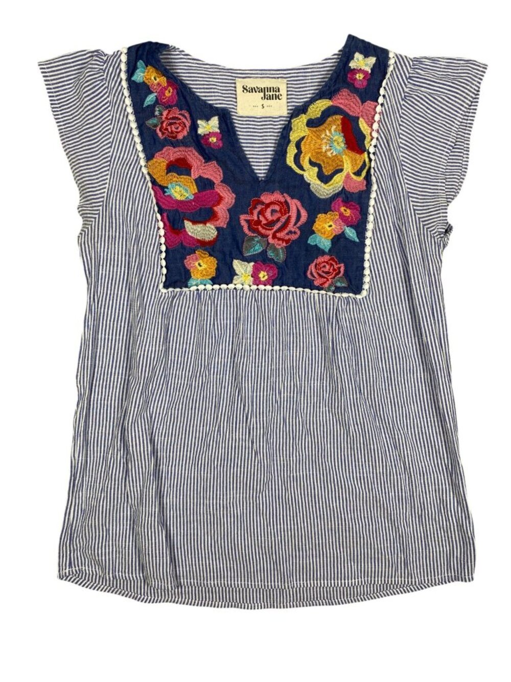 Savanna Jane Embroidered Striped Flutter Sleeve Top Blue White Small Cotton Blen - Picture 2 of 7